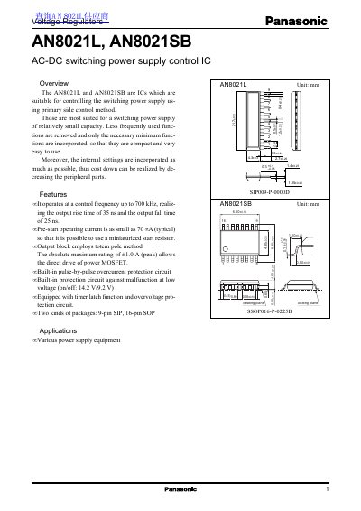 Panasonic AN8021L/AN8021SB AC-DC Switching Power Supply Control IC Datasheet - cover page