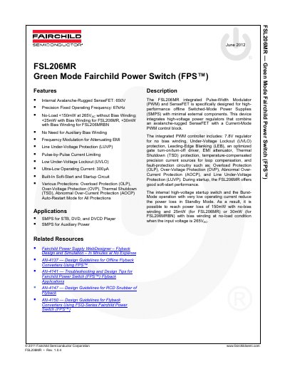 Fairchild Semiconductor FSL206MR Green Mode Fairchild Power Switch Datasheet - cover page