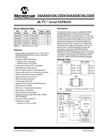 Microchip 24AA024/24LC024/24AA025/24LC025 2K Serial EEPROM Datasheet