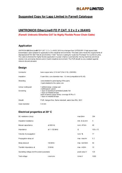 Lapp UNITRONIC EtherLine FD P CAT.5 2x2x26AWG Datasheet - cover page