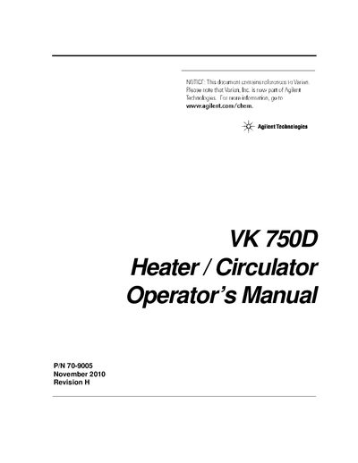 Varian VK 750D Heater/Circulator Operator's Manual - cover page