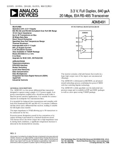 Analog Devices ADM3491 Datasheet - cover page