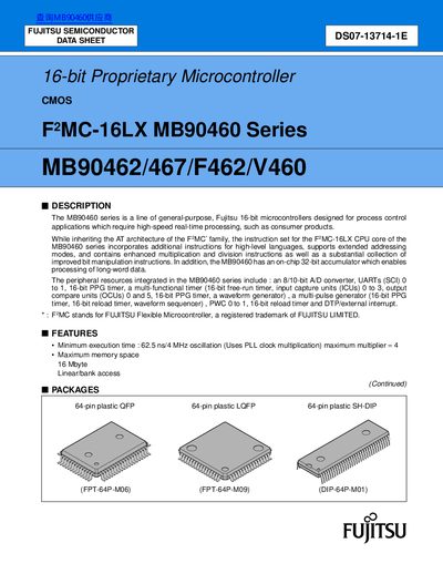 FUJITSU 16-bit Proprietary Microcontroller CMOS F2 MC-16LX MB90460 Series MB90462/467/F462/V460 Manual - cover page