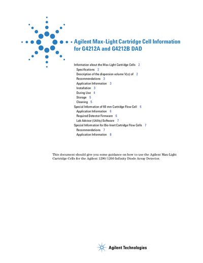 Agilent Technologies Max-Light Cartridge Cell Information for G4212A G4212B DAD guide - cover page