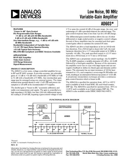 Analog Devices AD603 Variable-Gain Amplifier Datasheet - cover page