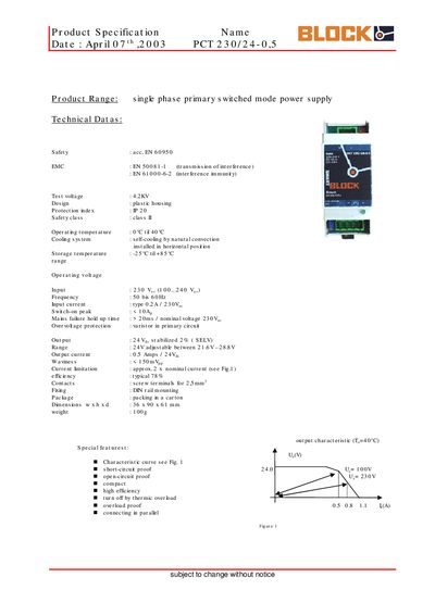 PCT 230/24-0,5 Single Phase Primary Switched Mode Power Supply Product Specification - cover page