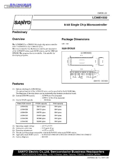 SANYO LC86E433E DATA SHEET - cover page