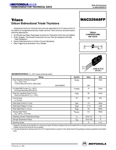 Motorola MAC229A8FP Triac Datasheet - cover page