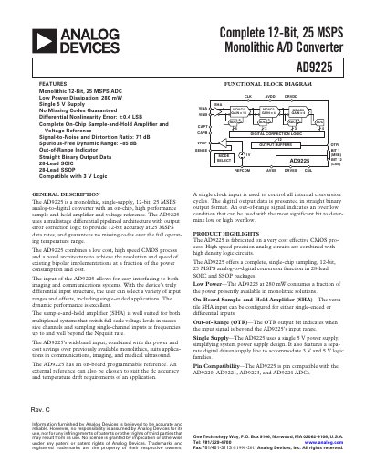 Analog Devices AD9225 12‑Bit 25 MSPS ADC Datasheet