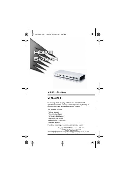 ATEN VS481 HDMI Switch User Manual - cover page
