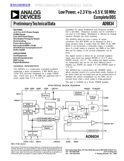 ANALOG DEVICES Low Power +2.3 V to +5.5 V 50 MHz Complete DDS AD9834 handbook - cover page