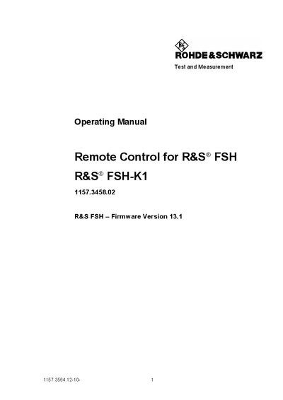 Remote Control for R S FSH R S FSH-K1 Firmware Version 13.1 Manual