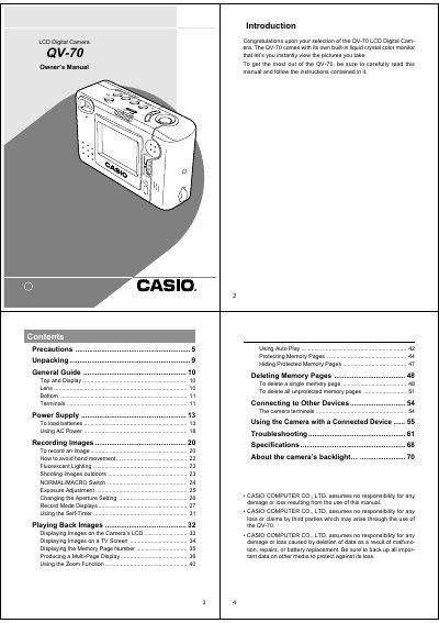 Casio QV-70 LCD Digital Camera Owner's Manual - cover page