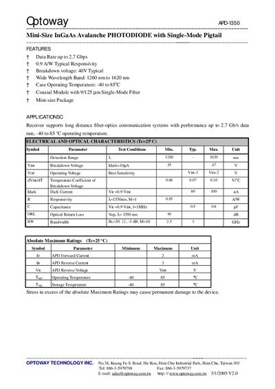 Optoway APD-1350 Datasheet - cover page