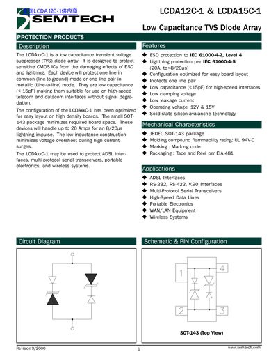 Semtech LCDA12C-1/LCDA15C-1 Low Capacitance TVS Diode Array Datasheet - cover page