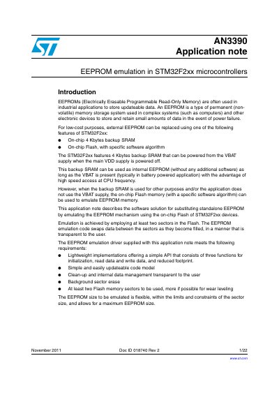 AN3390 EEPROM Emulation in STM32F2xx Microcontrollers Application Note
