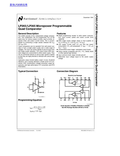 National Semiconductor LP265/LP365 Micropower Programmable Quad Comparator Datasheet - cover page