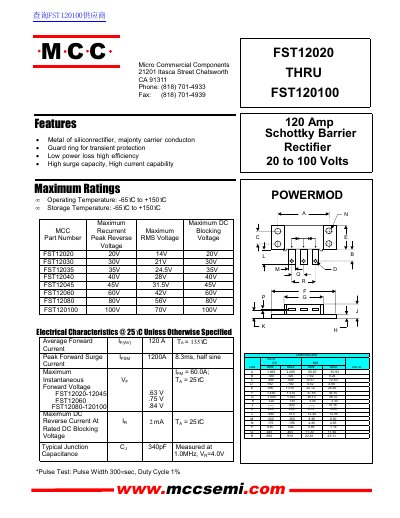 MCC FST12020 Through FST120100 120 Amp Rectifier Datasheet - cover page