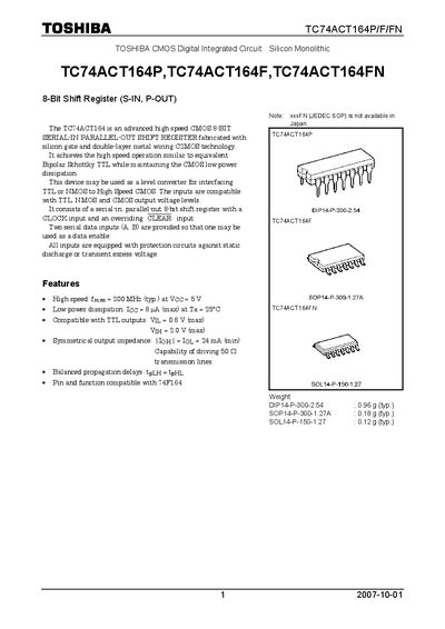 TOSHIBA TC74ACT164P TC74ACT164F TC74ACT164FN Manual - cover page