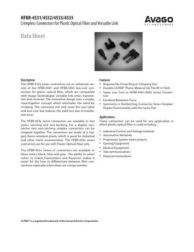 Avago Technologies HFBR-453x Series Crimpless Connectors for Plastic Optical Fiber Datasheet - cover page