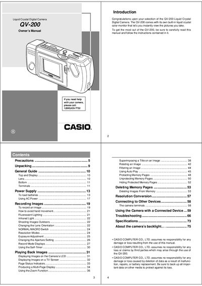 Casio QV-200 Liquid Crystal Digital Camera Owner's Manual - cover page