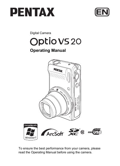 Pentax Optio VS20 Digital Camera Operating Manual - cover page