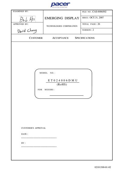 Emerging Display ET024006DMU Customer Acceptance Specifications - cover page
