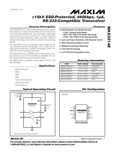 Maxim MAX3314E RS-232 Interface Chip Datasheet - cover page