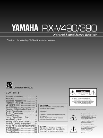 Yamaha RX-V490/390 Natural Sound Stereo Receiver Owner's Manual - cover page