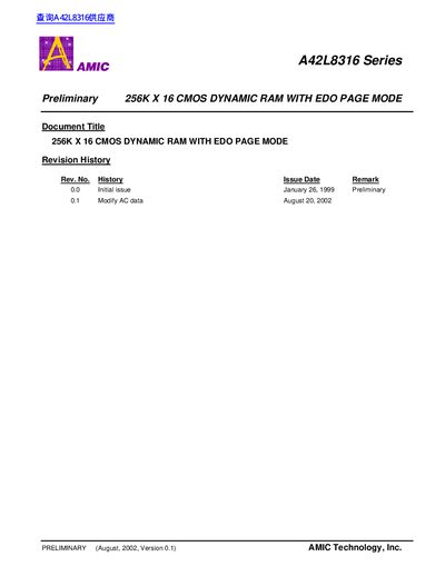 AMIC A42L8316 Series 256K×16 CMOS Dynamic RAM Datasheet - cover page