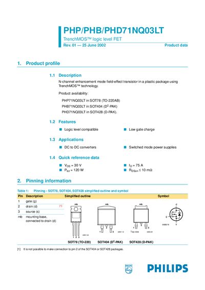 Philips PHP/PHB/PHD71NQ03LT TrenchMOS Logic Level FET Datasheet - cover page