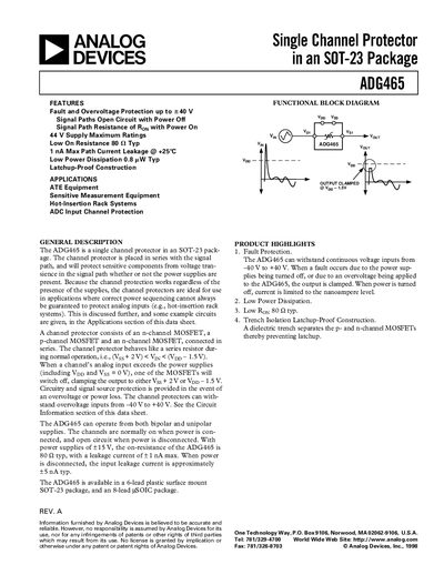 Analog Devices ADG465 Single Channel Protector Datasheet