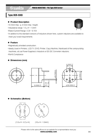 Sumida RCR-108D Power Inductor Datasheet - cover page
