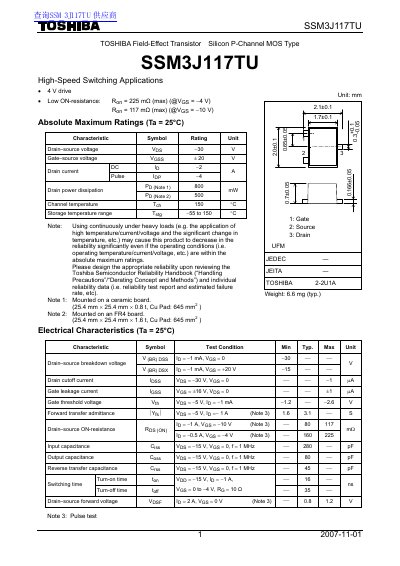 Toshiba SSM3J117TU P-Channel MOSFET Datasheet - cover page