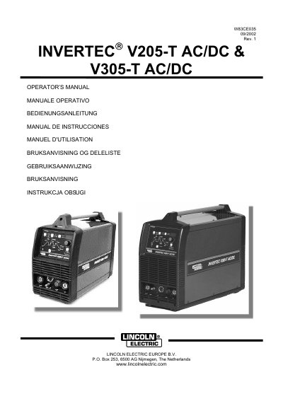 Lincoln Electric Invertec V205-T/V305-T AC/DC Operator's Manual - cover page
