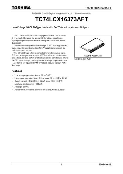 Toshiba TC74LCX16373AFT 16‑Bit D‑Type Latch Datasheet - cover page