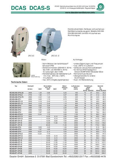 Dassler DCAS Series High-Pressure Fan Technical Data - cover page