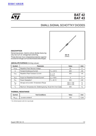 STMicroelectronics BAT 42/BAT 43 Small Signal Schottky Diodes Datasheet - cover page