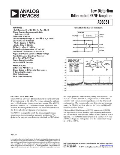 Analog Devices AD8351 Low Distortion Differential RF/IF Amplifier Datasheet