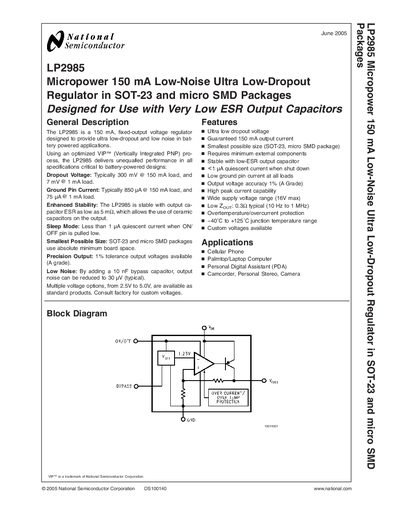 National Semiconductor LP2985 Micropower 150 mA Low-Noise Ultra Low-Dropout Regulator in SOT-23 micro SMD Packages Designed for Use with Very Low ESR Output Capacitors datasheet - cover page