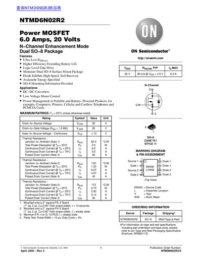 ON Semiconductor NTMD6N02R2 Power MOSFET Datasheet - cover page
