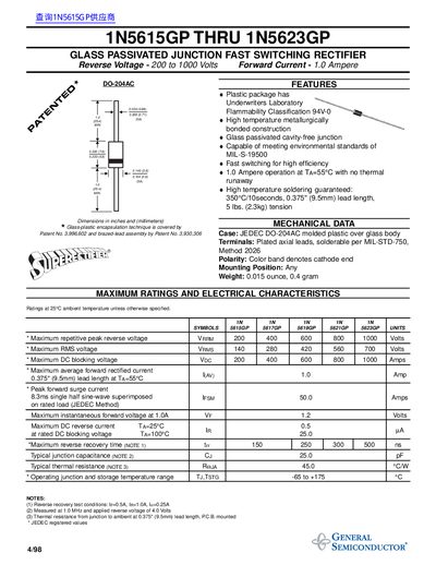 General Semiconductor 1N5615GP-1N5623GP Fast Switching Rectifier Datasheet - cover page