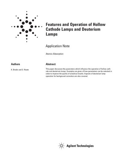 Agilent Features and Operation of Hollow Cathode Lamps and Deuterium Lamps Application Note - cover page