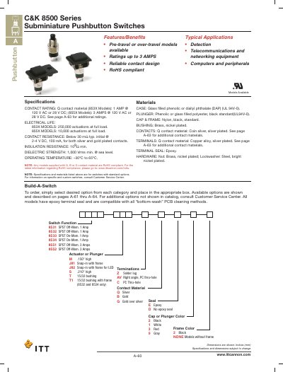 C&K 8500 Series Subminiature Pushbutton Switches Product Leaflet - cover page
