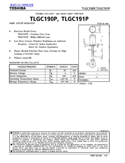 Toshiba TLGC190P TLGC191P LED Lamp Datasheet - cover page