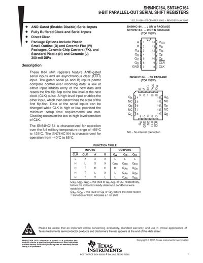 Texas Instruments SN54HC164/SN74HC164 8-Bit Parallel-Out Serial Shift Registers Datasheet - cover page