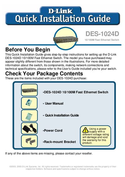 D-Link DES-1024D 10/100M Quick Installation Guide