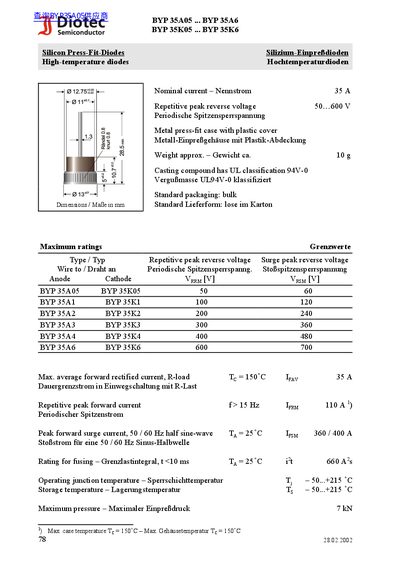 Diotec Semiconductor BYP 35A05 ... BYP 35A6 Silicon Press-Fit-Diodes BYP 35K05 ... BYP 35K6 High-temperature diodes - cover page