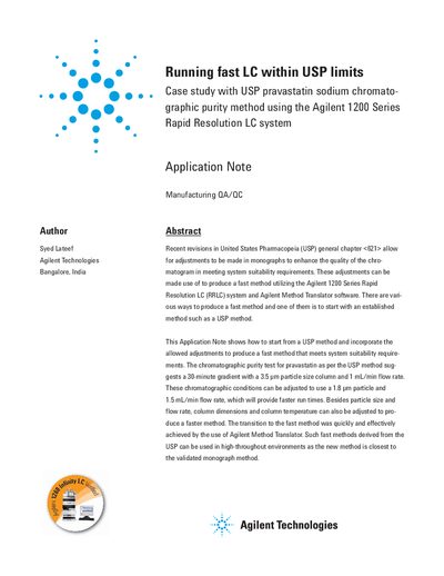 Agilent 5990-3528EN- Running fast LC within USP limits Case study with USP pravastatin sodium chromatographic purity method using the Agilent 1200 Series Rapid Resolution LC system Application Note - cover page