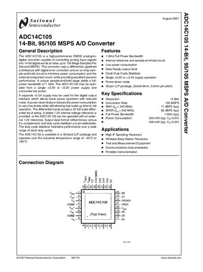 National Semiconductor ADC14C105 14‑Bit 95/105 MSPS A/D Converter Datasheet - cover page